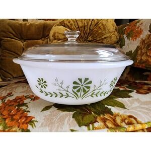 Vintage Glasbake J514 Green Daisy 2 Qt Casserole Dish With Lid Milk Glass Retro